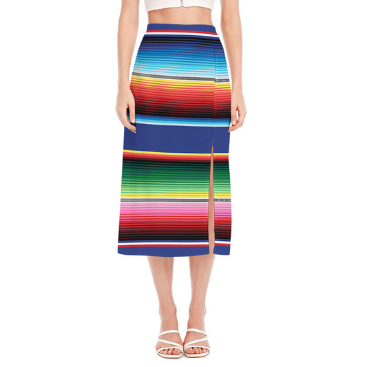 Ethnic Mexican Serape Pattern Print Side Slit Midi Skirt