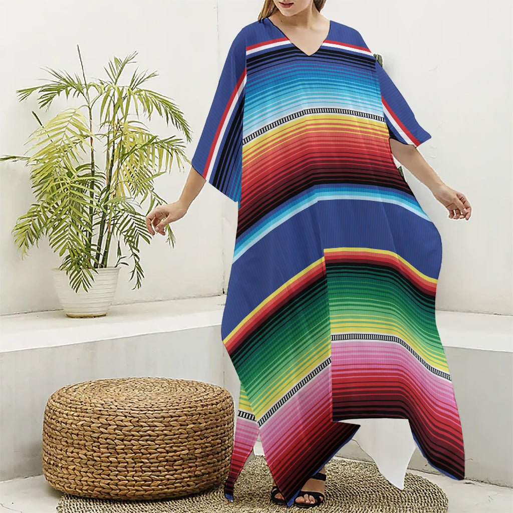 Ethnic Mexican Serape Pattern Print Silk V-Neck Kaftan Dress