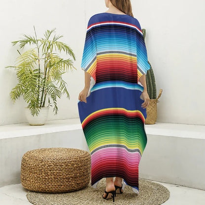 Ethnic Mexican Serape Pattern Print Silk V-Neck Kaftan Dress