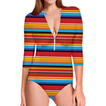 Ethnic Mexican Woven Pattern Print Long Sleeve Swimsuit