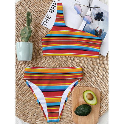 Ethnic Mexican Woven Pattern Print One Shoulder Bikini Top