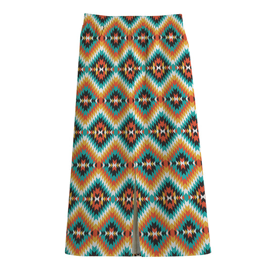 Ethnic Native American Pattern Print Cotton Front Slit Maxi Skirt