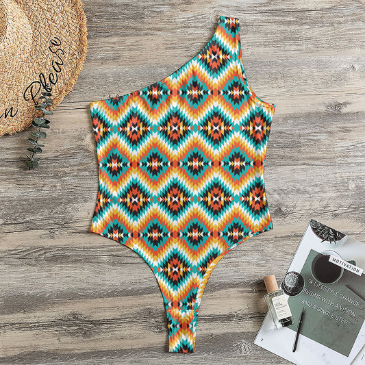 Ethnic Native American Pattern Print One Shoulder Bodysuit