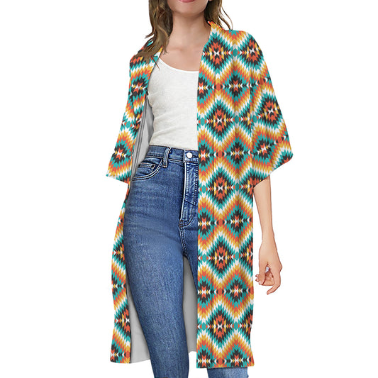 Ethnic Native American Pattern Print Open Front Beach Cover Up