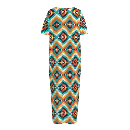 Ethnic Native American Pattern Print Short Sleeve Long Nightdress