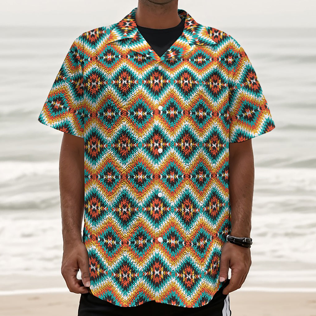 Ethnic Native American Pattern Print Textured Short Sleeve Shirt