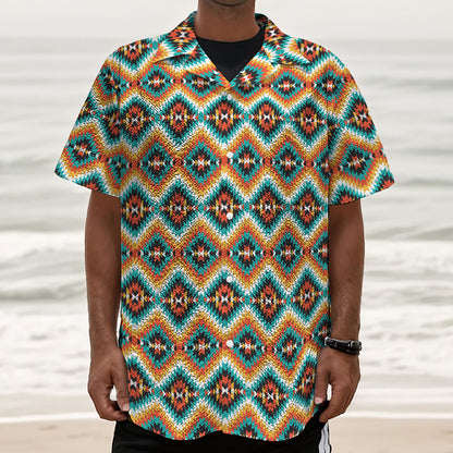 Ethnic Native American Pattern Print Textured Short Sleeve Shirt