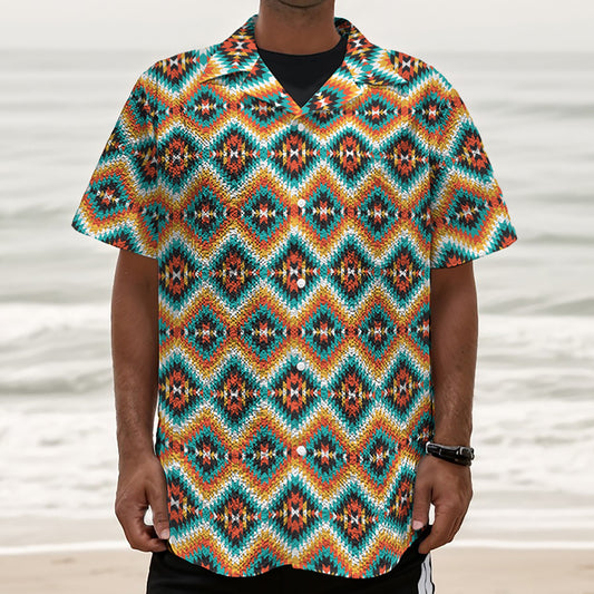 Ethnic Native American Pattern Print Textured Short Sleeve Shirt