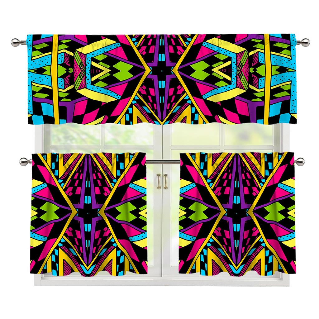 Ethnic Psychedelic Trippy Print 3 Piece Kitchen Curtains