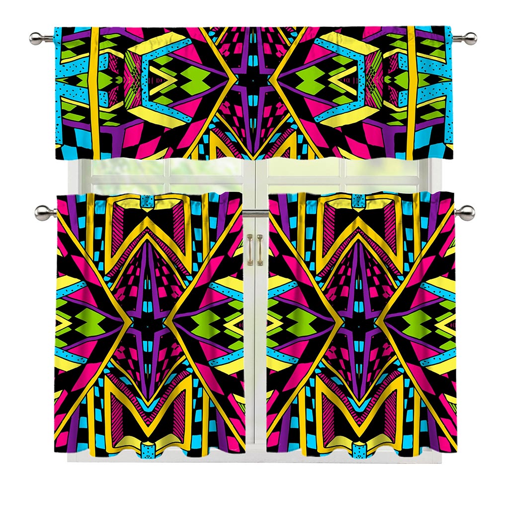 Ethnic Psychedelic Trippy Print 3 Piece Kitchen Curtains