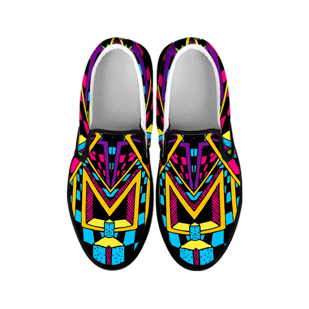 Ethnic Psychedelic Trippy Print Black Slip On Sneakers