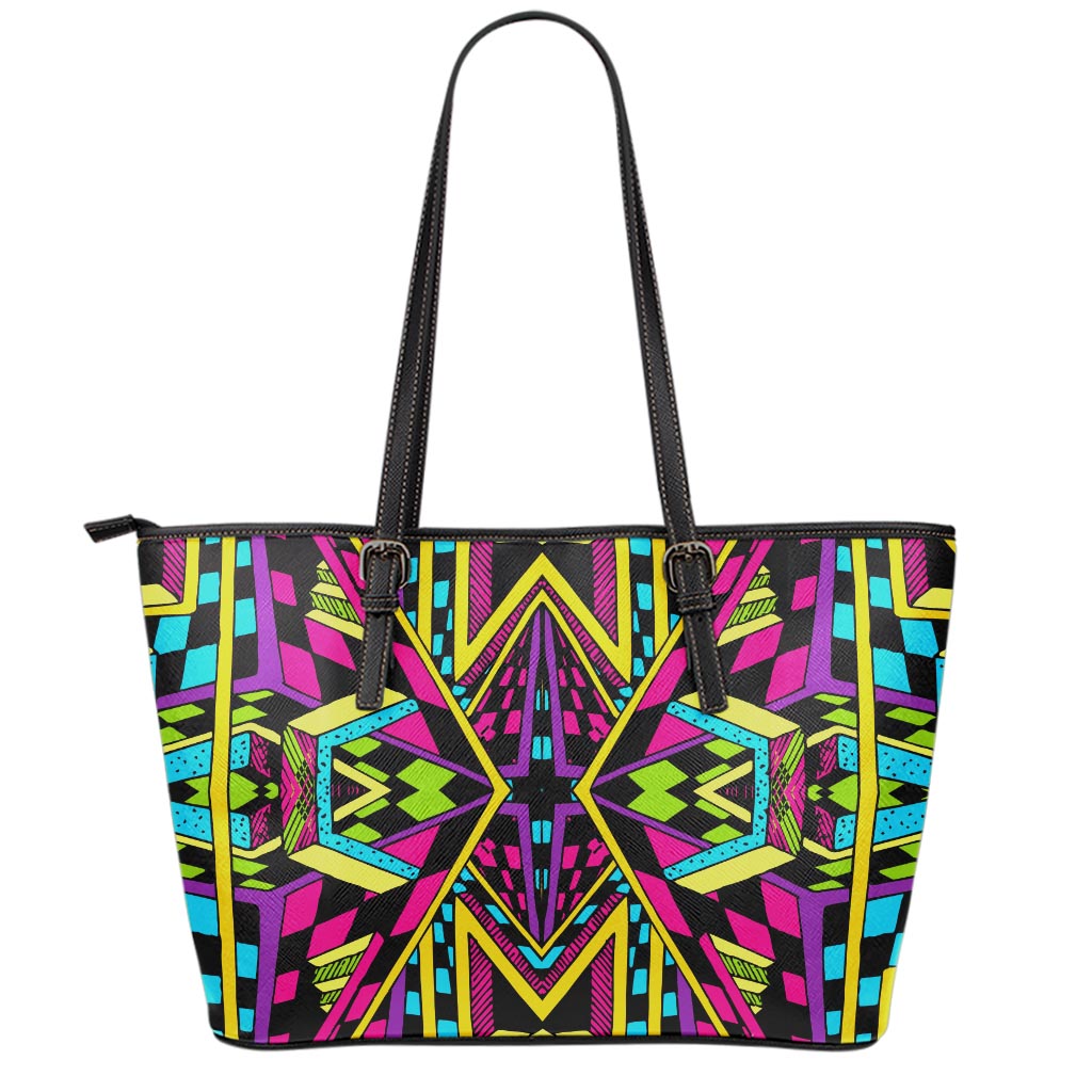 Ethnic Psychedelic Trippy Print Leather Tote Bag