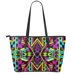 Ethnic Psychedelic Trippy Print Leather Tote Bag