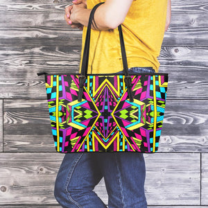 Ethnic Psychedelic Trippy Print Leather Tote Bag