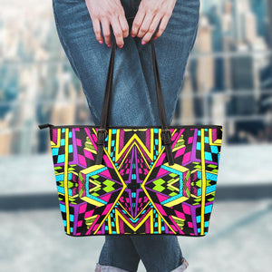 Ethnic Psychedelic Trippy Print Leather Tote Bag