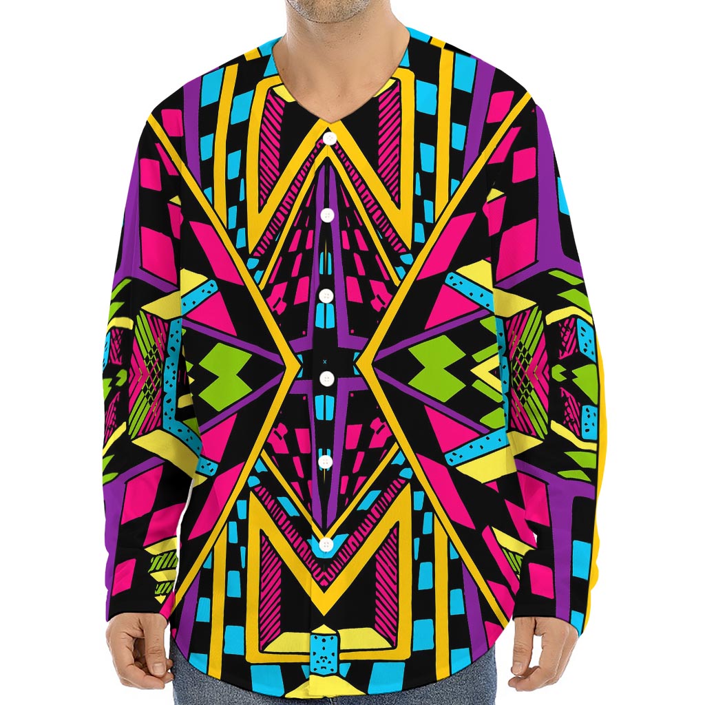Ethnic Psychedelic Trippy Print Long Sleeve Baseball Jersey