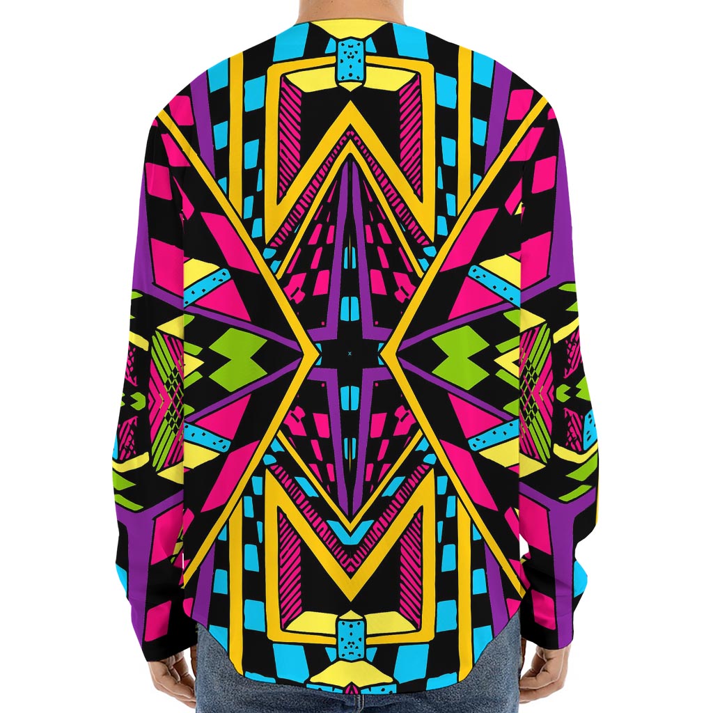 Ethnic Psychedelic Trippy Print Long Sleeve Baseball Jersey