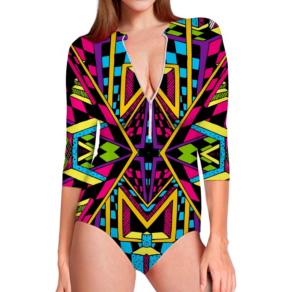 Ethnic Psychedelic Trippy Print Long Sleeve Swimsuit