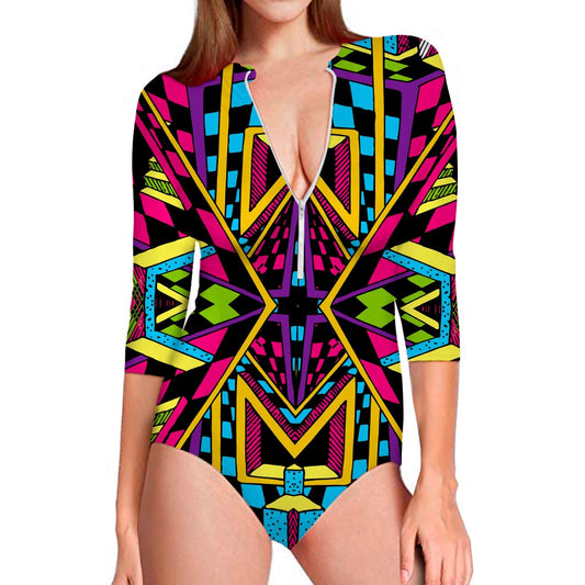 Ethnic Psychedelic Trippy Print Long Sleeve Swimsuit
