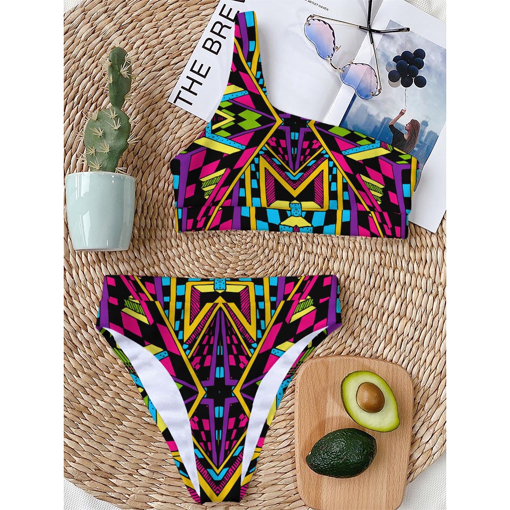 Ethnic Psychedelic Trippy Print One Shoulder Bikini Top
