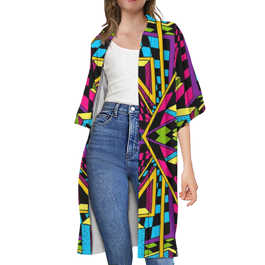 Ethnic Psychedelic Trippy Print Open Front Beach Cover Up