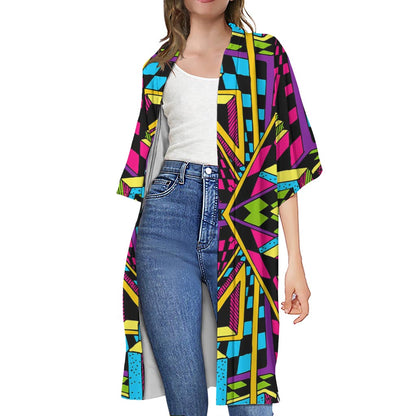 Ethnic Psychedelic Trippy Print Open Front Beach Cover Up