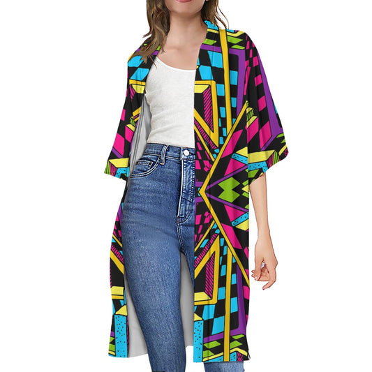 Ethnic Psychedelic Trippy Print Open Front Beach Cover Up
