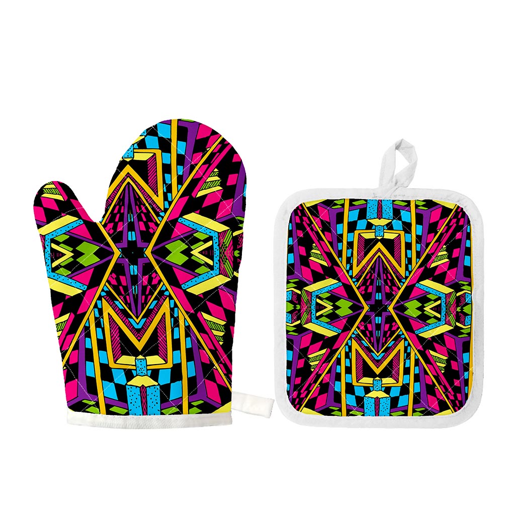 Ethnic Psychedelic Trippy Print Oven Mitt And Pot Holder Set