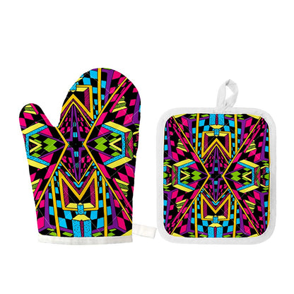 Ethnic Psychedelic Trippy Print Oven Mitt And Pot Holder Set