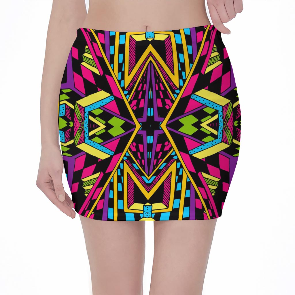 Ethnic Psychedelic Trippy Print Pencil Mini Skirt