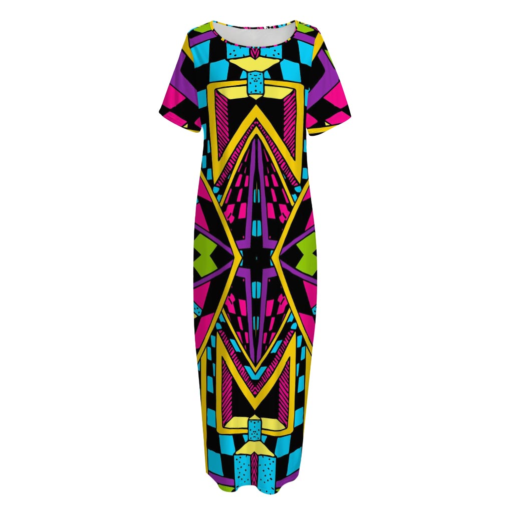 Ethnic Psychedelic Trippy Print Short Sleeve Long Nightdress