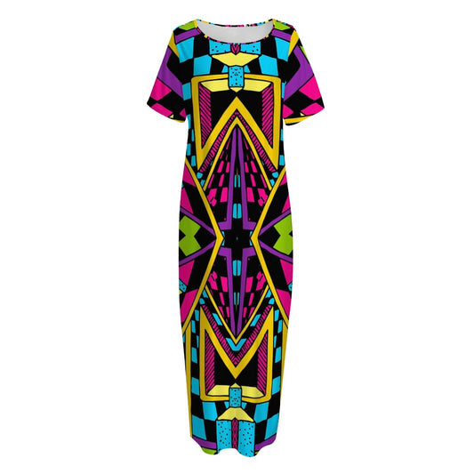 Ethnic Psychedelic Trippy Print Short Sleeve Long Nightdress