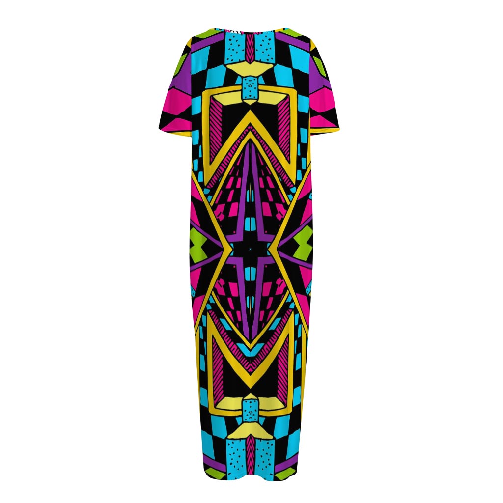Ethnic Psychedelic Trippy Print Short Sleeve Long Nightdress