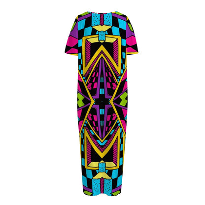 Ethnic Psychedelic Trippy Print Short Sleeve Long Nightdress