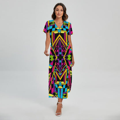 Ethnic Psychedelic Trippy Print Short Sleeve Maxi Dress