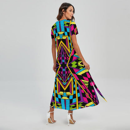Ethnic Psychedelic Trippy Print Short Sleeve Maxi Dress