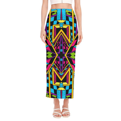 Ethnic Psychedelic Trippy Print Side Slit Maxi Skirt