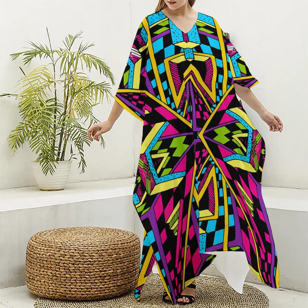 Ethnic Psychedelic Trippy Print Silk V-Neck Kaftan Dress