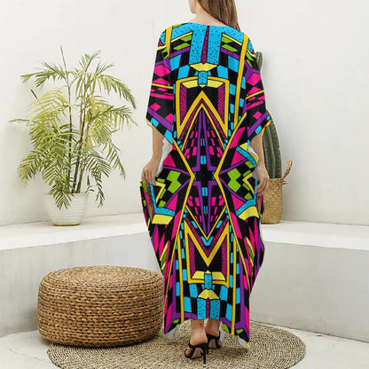Ethnic Psychedelic Trippy Print Silk V-Neck Kaftan Dress