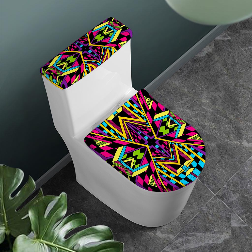 Ethnic Psychedelic Trippy Print Toilet Lid And Tank Cover Set