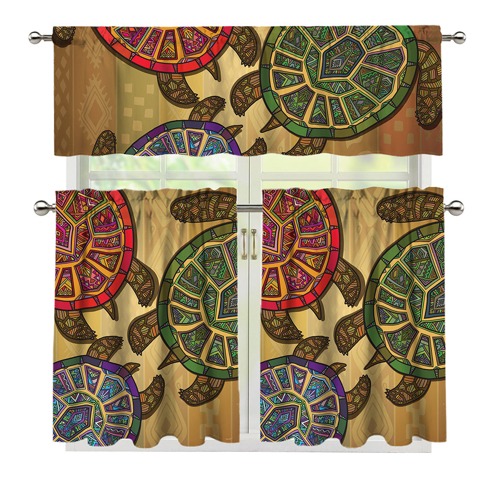 Ethnic Sea Turtles Print 3 Piece Kitchen Curtains