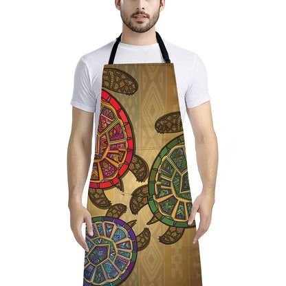 Ethnic Sea Turtles Print Bib Apron With Pocket
