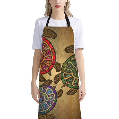Ethnic Sea Turtles Print Bib Apron With Pocket