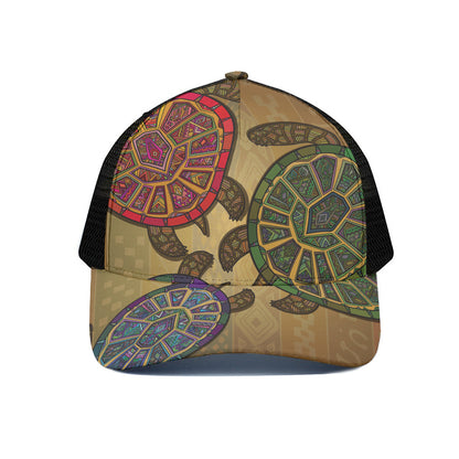 Ethnic Sea Turtles Print Black Mesh Trucker Cap