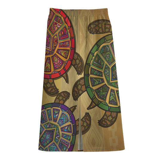Ethnic Sea Turtles Print Cotton Front Slit Maxi Skirt