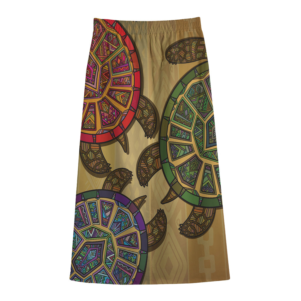 Ethnic Sea Turtles Print Cotton Front Slit Maxi Skirt