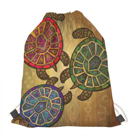 Ethnic Sea Turtles Print Drawstring Bag