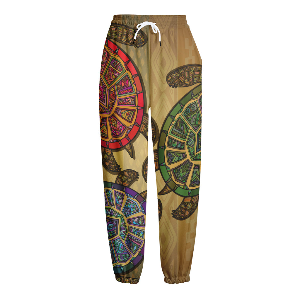 Ethnic Sea Turtles Print Fleece Lined Knit Pants