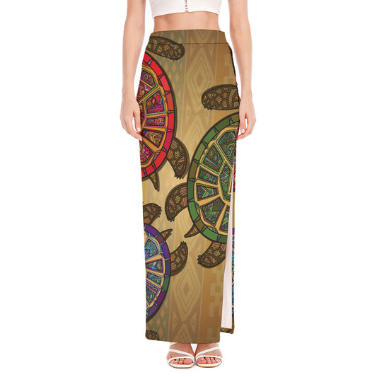 Ethnic Sea Turtles Print High Slit Maxi Skirt