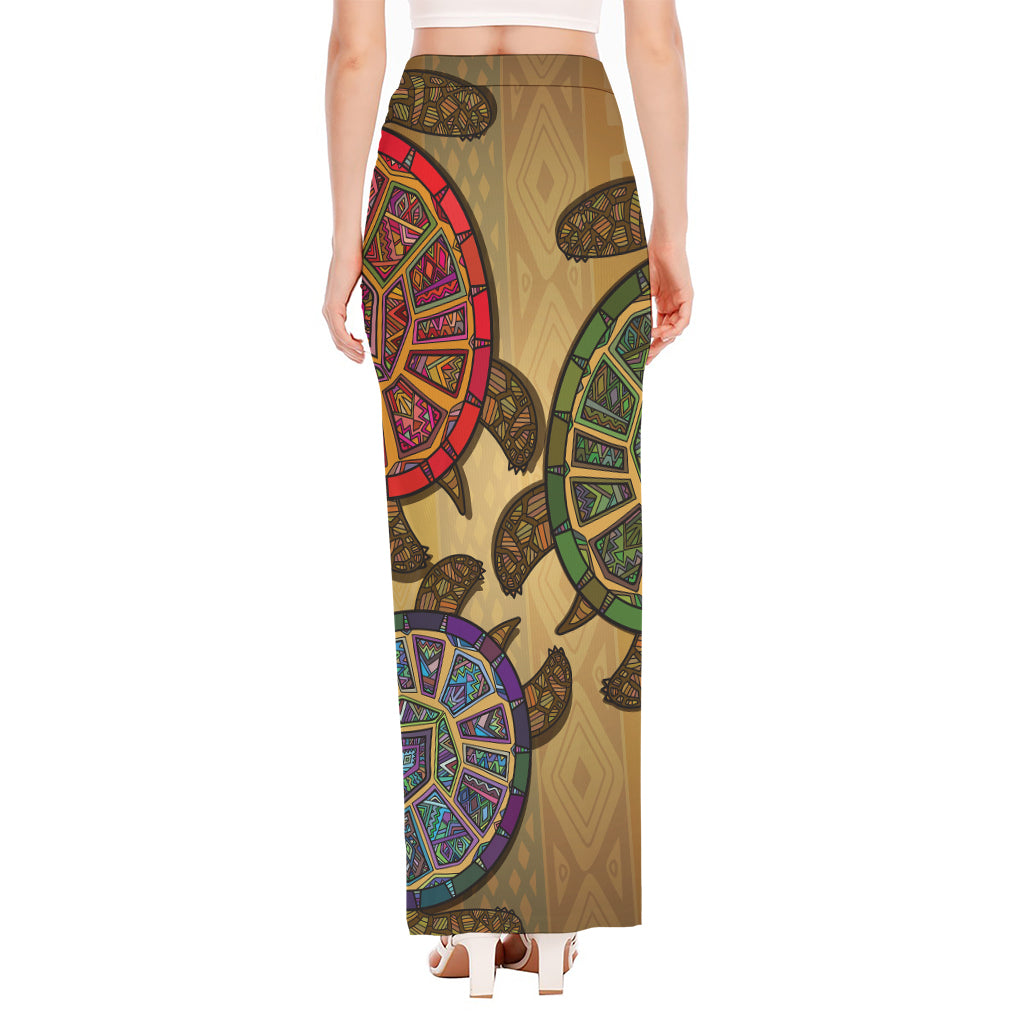 Ethnic Sea Turtles Print High Slit Maxi Skirt